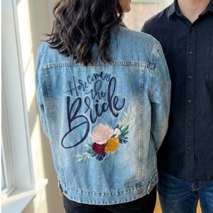 Three Two One Here Comes the Bride Floral Embroidered Denim Jean Jacket Sz Large